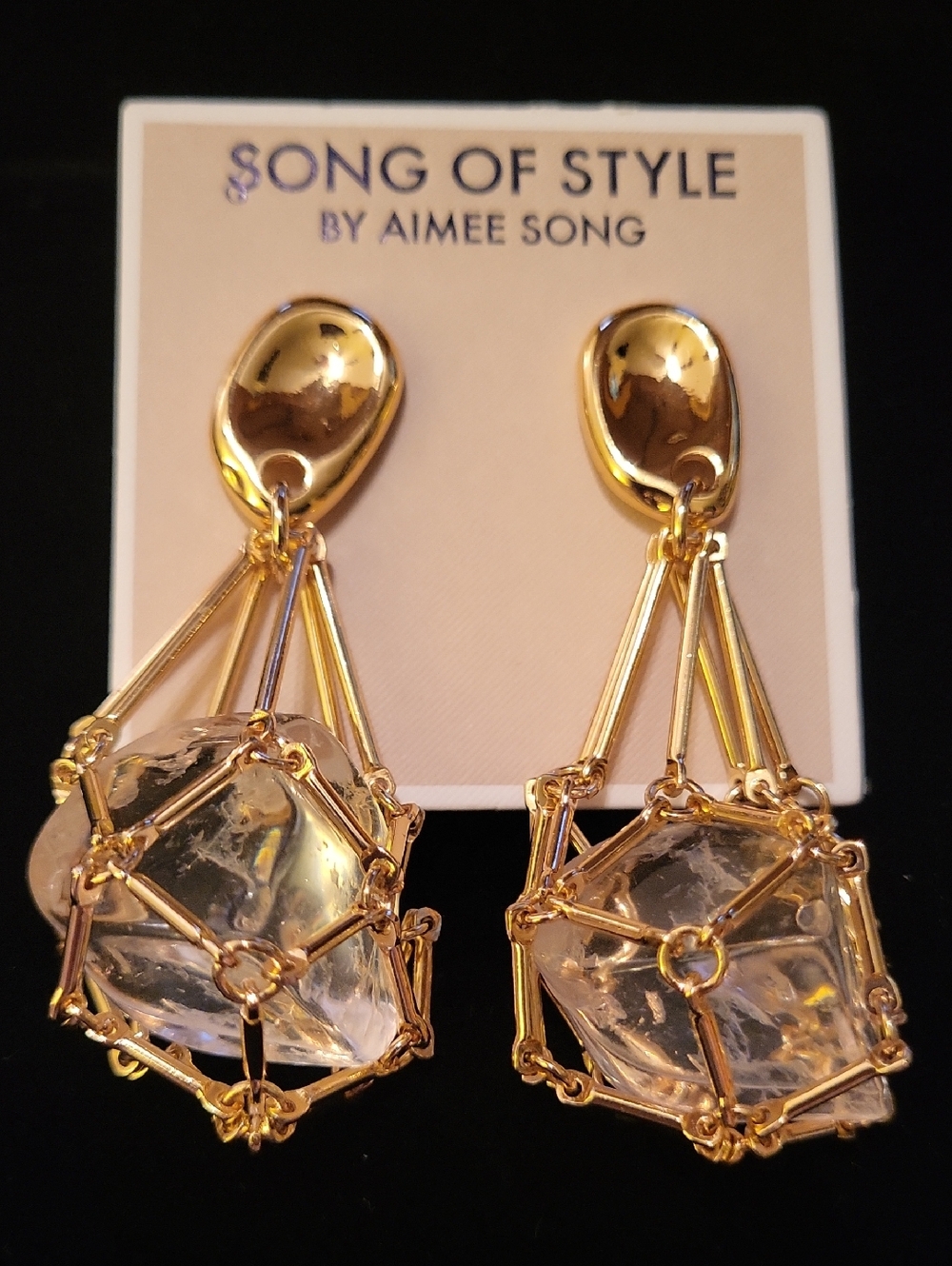 Song of Style Gold Drop Earrings with Clear Crystal Cage